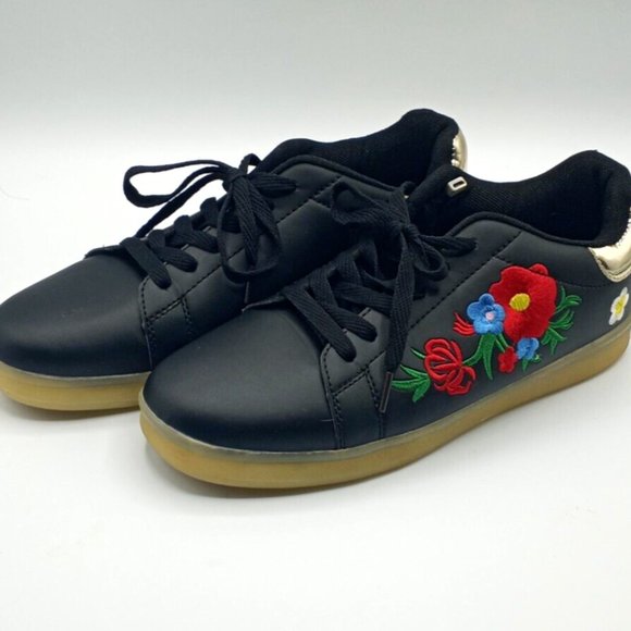 Forever Black Sneakers w/Floral Embroidered- USB Charging LED Luminous-Light Up! - Picture 1 of 9